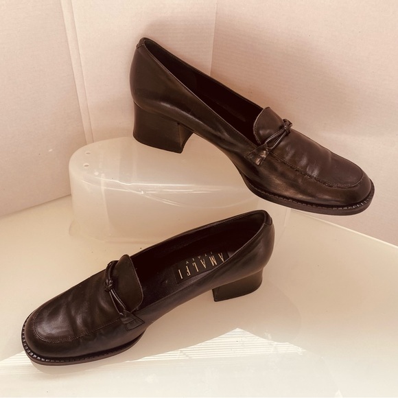 Amalfi Black Leather Slip-On Made/Italy SZ 8B Loafers Block Heels Bus/ Casual - Picture 1 of 8